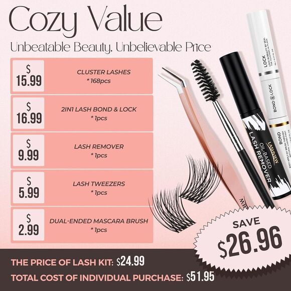 LASHVIEW Cozy DIY Cluster Lash Extension Kit Bond & Lock, Remover, Brush - Picture 3 of 6